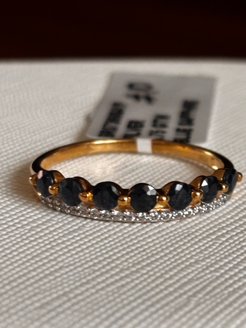 Gold Band Ring with Genuine Sapphire and Pavé Accents